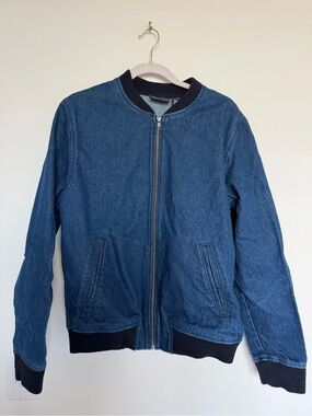 Vintage American Apparel Cotton Blue Denim Bomber Jacket with Black Ribbing